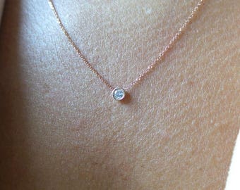 Diamond Necklace/ Rose Gold Diamond Necklace 0.12CT / Diamond Solitaire Necklace/ 14k Gold Diamond/ Floating Diamond Necklace/ Diamond Bezel