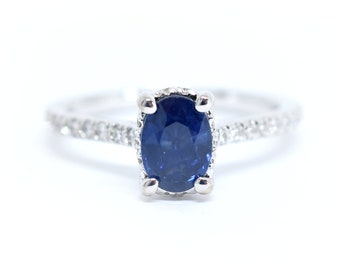 Sapphire Diamond Ring / 14k White Gold Sapphire Ring / Diamond Sapphire Ring / Sapphire Engagement Ring / Blue Sapphire Diamond Ring