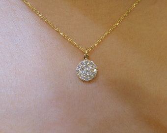 Diamond Disc Necklace/ Diamond Necklace 14k Yellow Gold/ 14k Solid Gold Diamond Disc Necklace/ Dainty Diamond Necklace/ Bridal/Birthday Gift