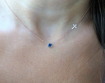 Sapphire Necklace Cross  / Diamond Cross Necklace / Sapphire Solitaire Cross Necklace / Dainty Cross Sapphire Necklace / Small Cross