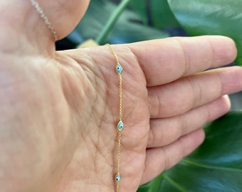 Evil Eye Bracelet / 14K Gold Evil Eye Bracelet / Evil Eye Station Bracelet / Dainty Evil Eye Bracelet / Solid Gold Layering Evil Eye