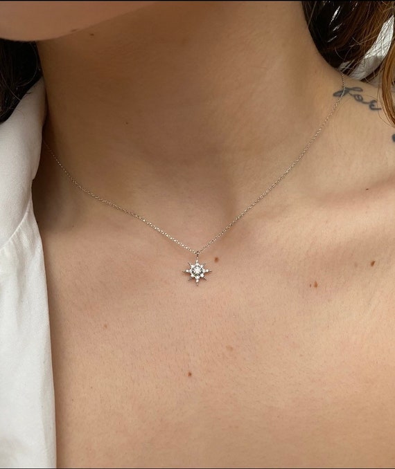 Diamond North Star Necklace: 14k White Gold Starburst Pendant - Etsy