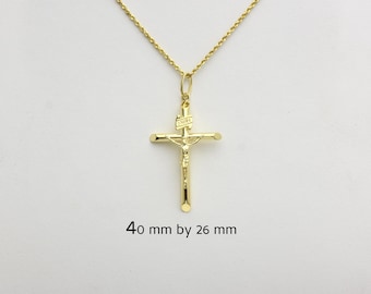 14K Solid Gold Large Crucifix Pendant Necklace: Unisex Jesus Cross Rope Chain