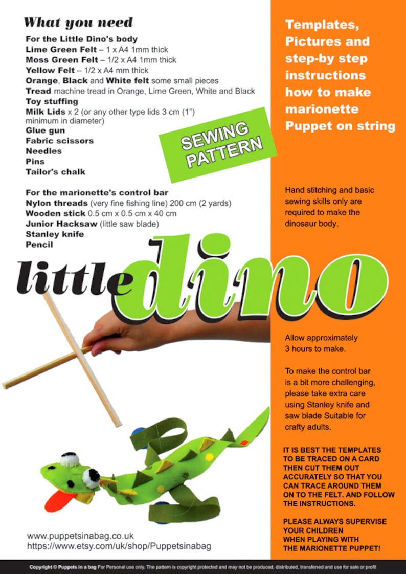 DIY Dinosaur Dino Puppet on Strings Sewing Etsy