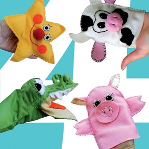 May include: Four felt finger puppets: a yellow star with a red nose and orange cheeks, a white cow with black spots and pink ears, a green alligator with orange teeth, and a pink pig with a pink snout.