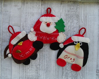 Santa ,Robin and Penguin Felt Christmas Ornaments with pouches  - Sewing  pattern  PDF - DIY  Christmas tree decorationChristmas crafts