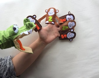 5 Little monkeys teasing Mr CROCODILE  Sewing Pattern PDF -  Felt Hand puppet and 5 finger puppets ,action song DIY puppet Jungle animal