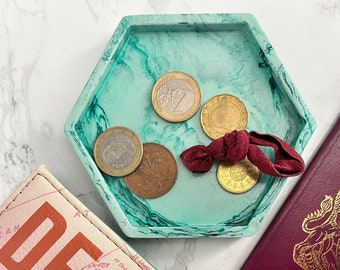 Green Marble Effect Hexagon Planter Tray - Perfect for Cacti, Trinkets, Dice, Crystals, Candles,Rings & Jewellery or use as Coasters