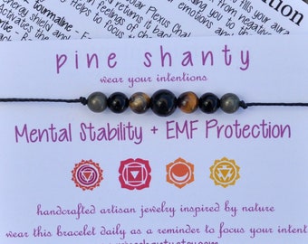 Mentale stabiliteit + EMF-bescherming | Shungite + Tijgeroog + Zwarte Toermalijn + Pyriet | Lagere chakra's helende armband | Koord armband