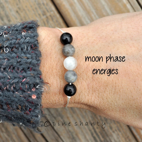 Manifestation + Growth | Moon Phase Energy Bracelet | New Moon + Waxing + Full Moon + Waning | Moonstone + Labradorite + Black Tourmaline |