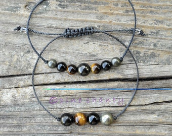 Combo voor koppels Mentale stabiliteit + EMF-bescherming | Shungite + Tijgeroog + Zwarte Toermalijn + Pyriet | Genezing van lagere chakra's | Koord armband