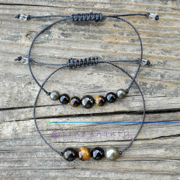 Couples Combo Mental Stability + EMF Protection | Shungite + Tiger Eye + Black Tourmaline + Pyrite | Lower Chakras Healing | String Bracelet