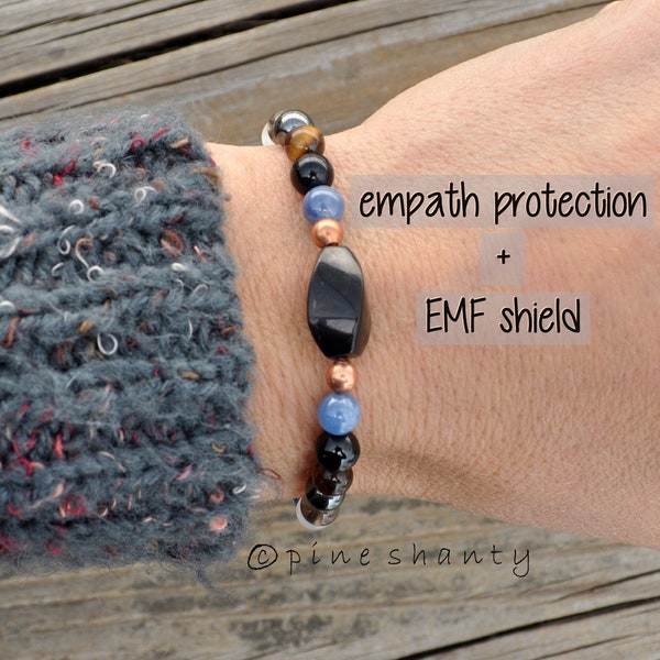 Empath Schutz + EMF Schild Armband | Schungit + Kyanit + Schwarzer Turmalin + Tigerauge + Hämatit + Rauchquarz + Selenit + Kupfer
