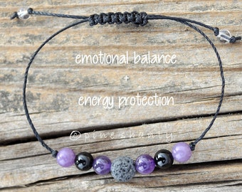 Emotional Balance + Energy Protection Adjustable Beaded Bracelet | Lava Stone + Amethyst + Black Tourmaline + Lepidolite