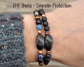 EMF Shield + Empath Protection Bracelet Set | Shungite Beaded Bracelet | Copper Energy Healing | Root Chakra Mala | Cleansing Crystals