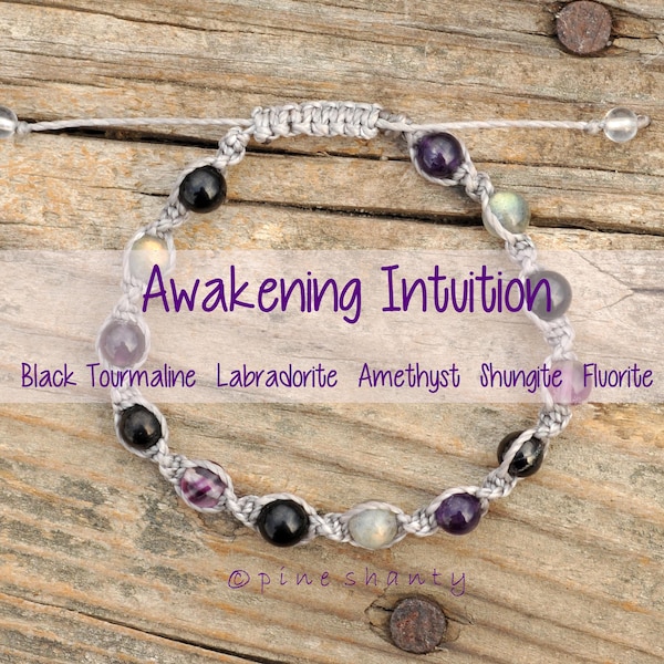 Empath Protection + Intuitive Awakening Crystal Macramé Bracelet | Black Tourmaline + Labradorite + Amethyst + Shungite + Fluorite