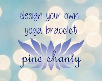 Puede incluir: Un diseño azul y blanco con el texto "design your own yoga bracelet pine shanty" sobre un fondo azul claro con círculos de bokeh blancos.