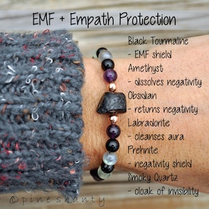 May include: A beaded bracelet with black tourmaline, amethyst, obsidian, labradorite, prehnite, and smoky quartz. The bracelet is designed for EMF and Empath protection. Text on the image reads "EMF + Empath Protection".