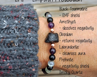 EMF Shield + Energy Protection Bracelet | Black Tourmaline  + Amethyst + Obsidian + Labradorite + Prehnite + Smoky Quartz + Copper |