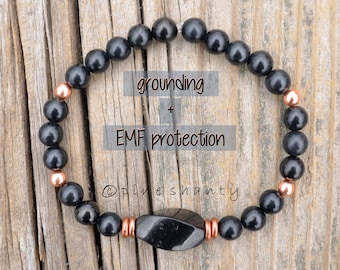 Aarding + EMF-bescherming | Shungite kralenarmband | Coper Energy EMF-schild | Wortelchakra Mala | Reinigende kristallen