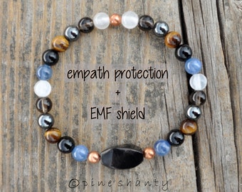 EMF energie- en empathische beschermingsarmband | Shungiet + Kyaniet + Zwarte Toermalijn + Tijgeroog + Hematiet + Rookkwarts + Seleniet + Koper