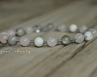 Strength + Calming Love | Labradorite + Moonstone + Rose Quartz | Beaded Bracelet | Third Eye + Heart + Solar Plexus +  Base Chakras