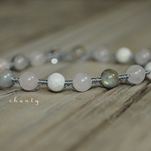 Strength + Calming Love | Labradorite + Moonstone + Rose Quartz | Beaded Bracelet | Third Eye + Heart + Solar Plexus +  Base Chakras