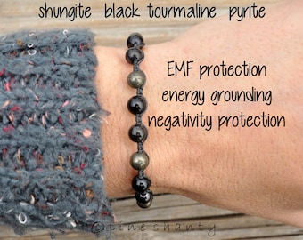 Triple Protection Bracelet | Shungite + Black Tourmaline + Pyrite | EMF Shield | Grounding Bracelet | Protection From Negativity