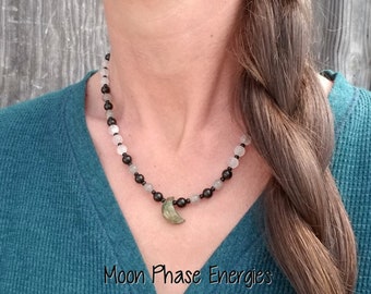 Moon Phase Necklace | Energy Protection + Grounding | Labradorite + Black Tourmaline + Moonstone | New Moon + Waxing + Full Moon + Waning