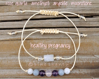Healthy Pregnancy Crystal Bracelet | Baby Shower Gift | Rose Quartz + Amethyst + Angelite + Moonstone + Clear Quartz | Postpartum Recovery