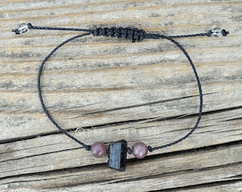 Grounding Guardian Angel Bracelet, Raw Black Tourmaline Base Chakra String Bracelet with Lepidolite, Energy Balancing Adjustable Bracelet