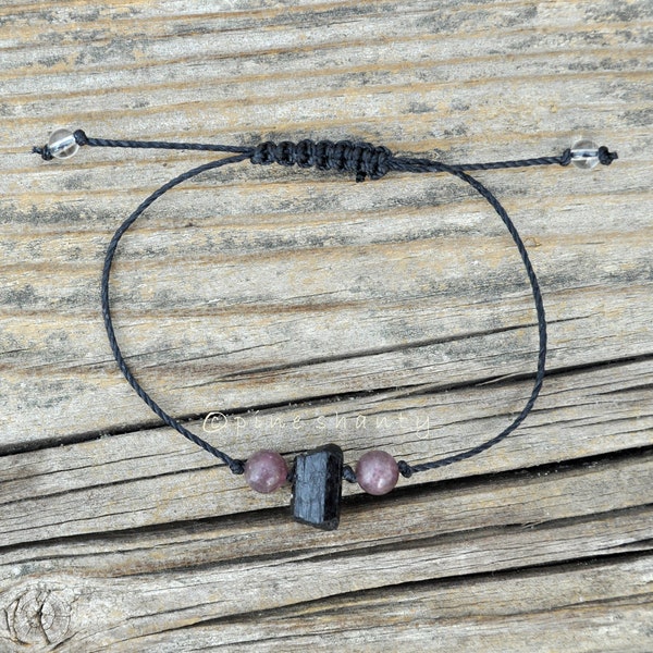 Grounding Guardian Angel Bracelet, Raw Black Tourmaline Base Chakra String Bracelet with Lepidolite, Energy Balancing Adjustable Bracelet
