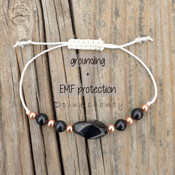 Grounding + EMF Protection | Shungite + Copper | Adjustable String Bracelet | Earth Star Chakra + Base Chakra | Negativity Protection