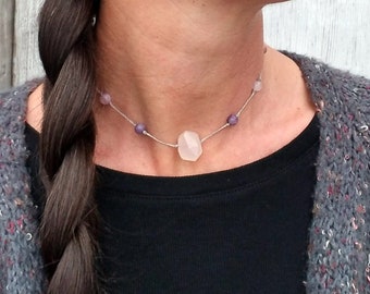 Self-Love + Emotional Balance | Dainty Crystal Choker Necklace | Rose Quartz + Lepidolite + Kunzite + Rhodonite | Heart Chakra |