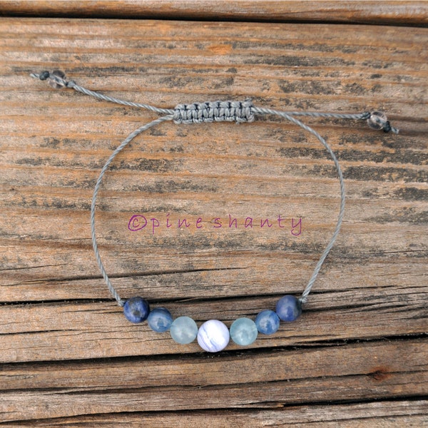 Hear Your Inner Voice | Throat Chakra Adjustable Beaded Bracelet | Blue Lace Agate + Aquamarine + Kyanite + Sodalite