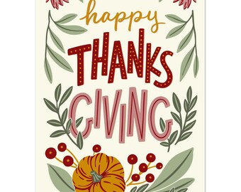 Happy Thanksgiving Greeting Cards - Hand Lettered & Botanical Design, Pack of 10