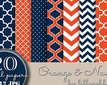 Preppy Digital Paper Pack of 20--12x12 JPG--navy digital paper navy background orange digital paper orange background orange and navy