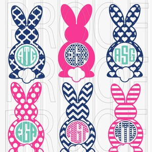 Puede incluir: Conjunto de seis archivos de corte SVG con siluetas de conejos con diferentes patrones y círculos de monograma. Los conejos son rosas, azules y blancos con patrones como lunares, rayas y chevron. Los círculos de monograma son de color turquesa.