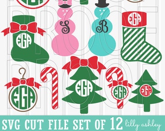 Christmas Monogram SVG Files Set of 12 cut files includes svg/png/jpg formats Commercial use snowman svg tree svg {monograms not included}