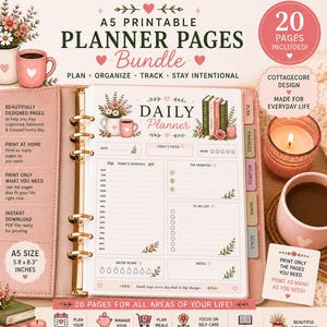 May include: A5 printable daily planner pages bundle featuring 20 pages with floral illustrations, a schedule, to-do list, water intake tracker, and notes section. The layout includes text headers, pink heart accents, and a gold six-ring binder mechanism.