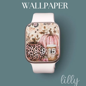 Quadrante Apple Watch zucca estetica, sfondo orologio autunno rosa, sfondo Apple Watch da donna, download immediato del quadrante orologio autunno accogliente
