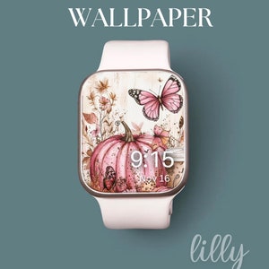 Quadrante Apple Watch zucca estetica, sfondo orologio autunno rosa, sfondo Apple Watch da donna, download immediato del quadrante orologio autunno accogliente