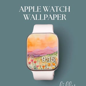 Könnte beinhalten: Ein Aquarell-Landschaftsbild mit Bergen und Blumen auf einem weißen Apple Watch-Zifferblatt. Die Uhrzeit ist 9:15 Uhr und das Datum ist der 16. Juni. Das Zifferblatt wurde von Lilly Ashley entworfen.