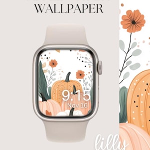 Quadrante Apple Watch zucca estetica, sfondo orologio autunno rosa, sfondo Apple Watch da donna, download immediato del quadrante orologio autunno accogliente