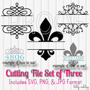 Fleur de lis SVG Files set of 3 cut files includes SVG PNG jpg. Silhouette Commercial Use ok! monogram svg fleur de lis svg flourish svg