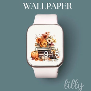 Cozy Fall Apple Watch Face, Watch Background, Book Lover Apple Watch Wallpaper, Autumn Pumpkins Floral Watch Face Download for Fall