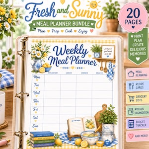 May include: A weekly meal planner binder insert featuring a yellow and white gingham border, blue text, and illustrations of daisies, lemons, and kitchen items. The page includes a grid for seven days of the week and the text Weekly Meal Planner.