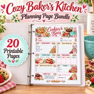 Może przedstawiać: Biały segregator zawierający stronę do planowania z tytułem Cookies & Bars, z sekcjami na szczegóły przepisu, smak, cele dotyczące tekstury, notatki z pieczenia i przechowywanie, ozdobioną ilustracjami ciasteczek i owoców jagodowych.