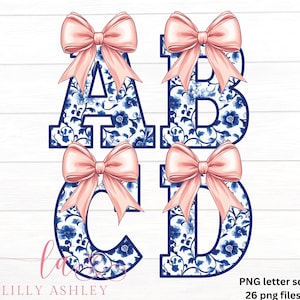 Conjunto de 26 letras PNG con diseño floral azul y blanco: monograma floral azul chinoiserie, lazo coqueto PNG para camisetas, sudaderas y bolsos.