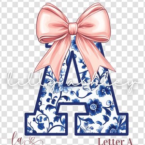 Letra PNG con lazo coqueto - Archivo de una letra "A" - Monograma floral azul chinoiserie, inicial PNG con lazo coqueto para camisa, sudadera o bolso
